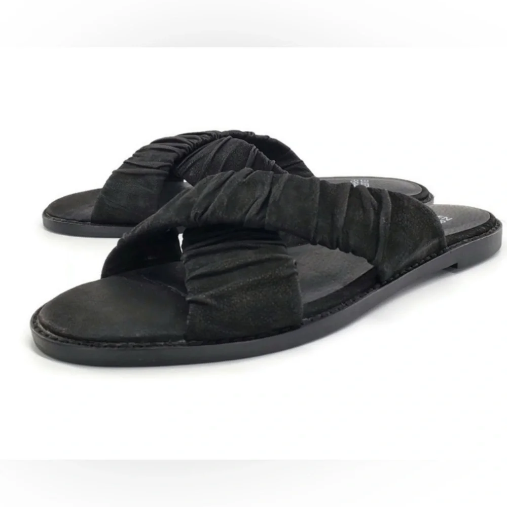Eileen Fisher Nubuck Wide Ruched Criss Cross Sandals